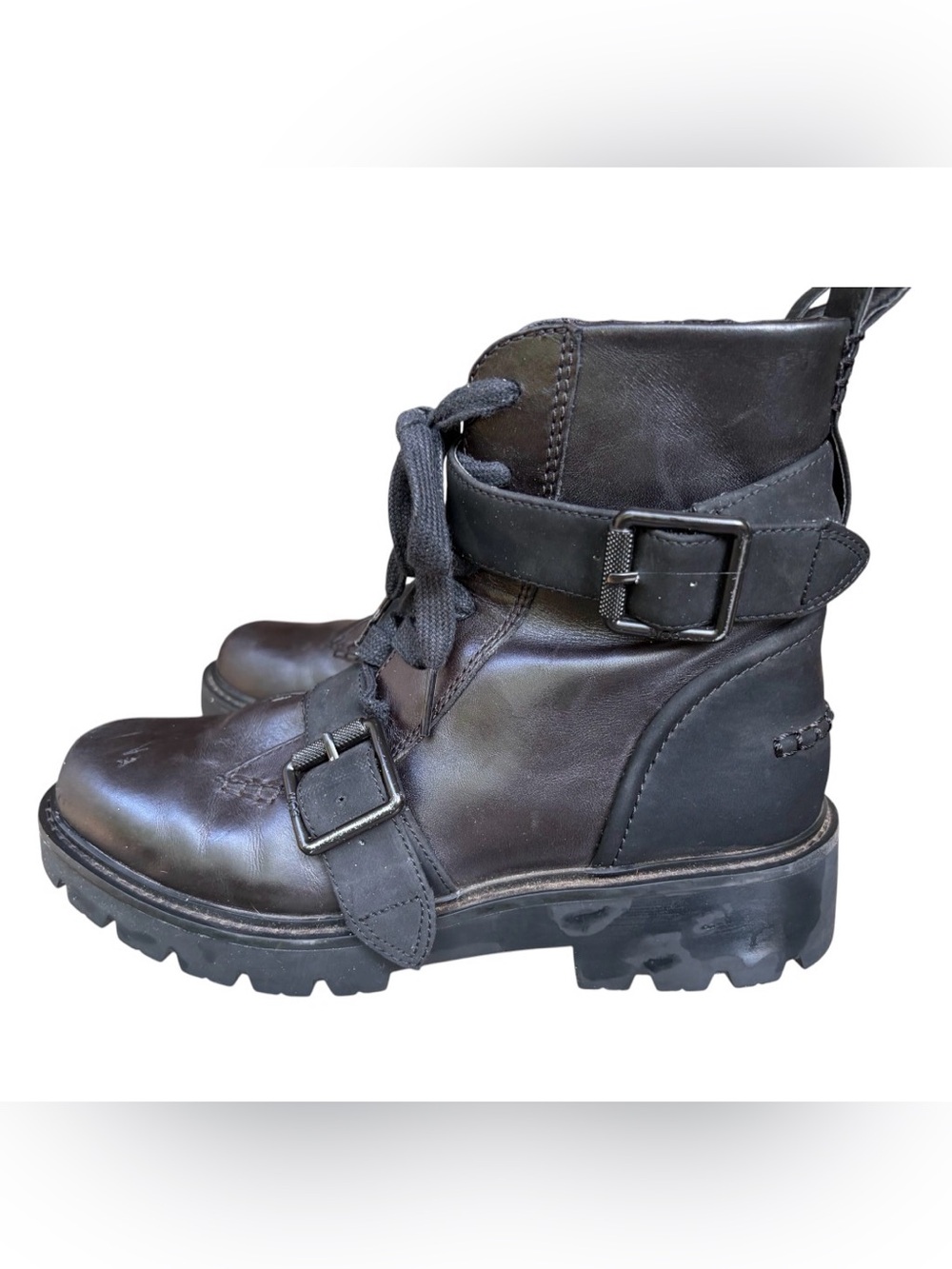 Ugg Noe Combat Moto Leather Black Lug Sole Buckle Boot Women Sz 8 Military Cop - Picture 2 of 7